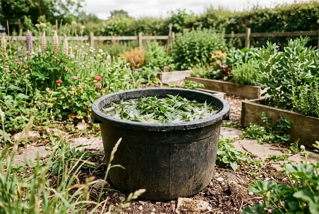 Dichter Bestand großer Brennnesseln in einer Gartenecke, kräftige Stängel mit breiten gezähnten Blättern
