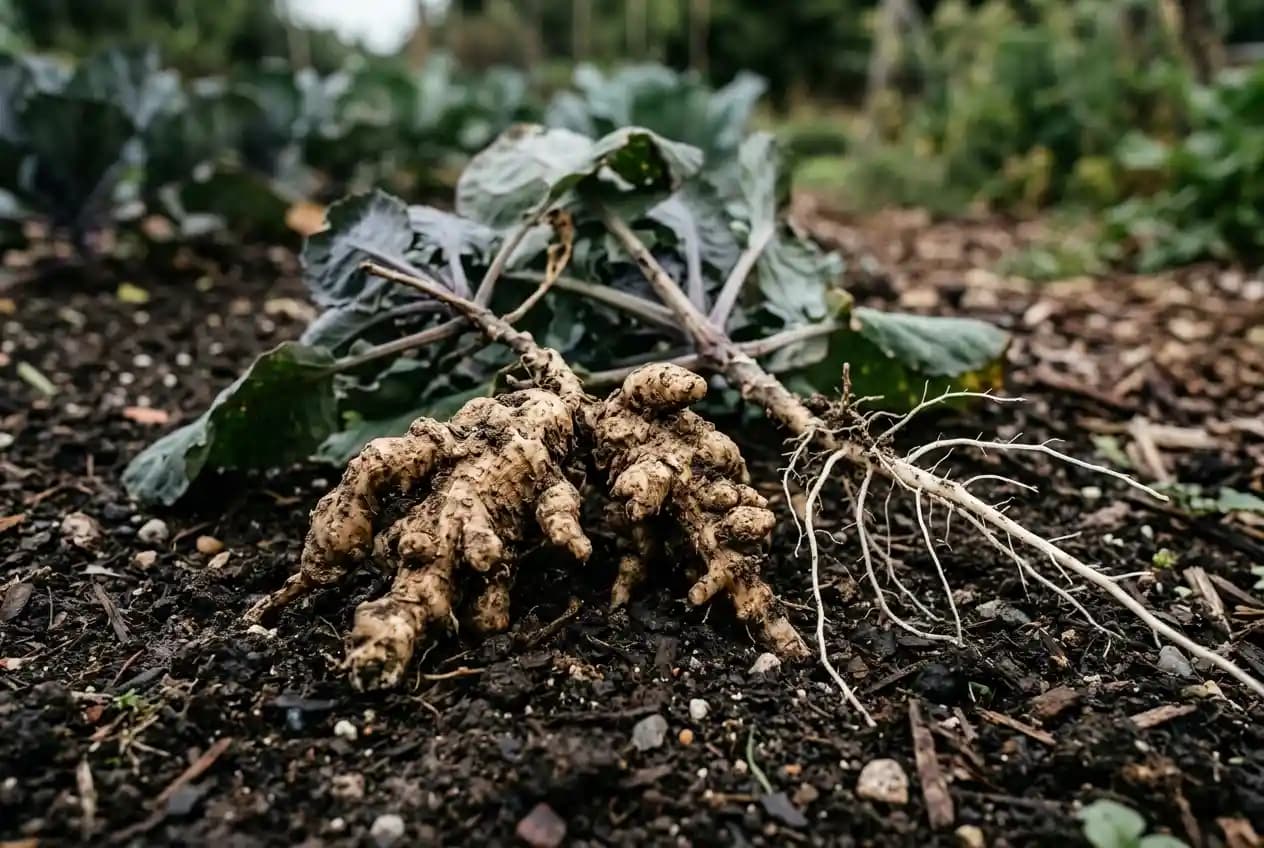 Knollig verdickte Wurzeln einer Kohlpflanze mit Kohlhernie-Befall neben gesunden weißen Wurzeln im Vergleich