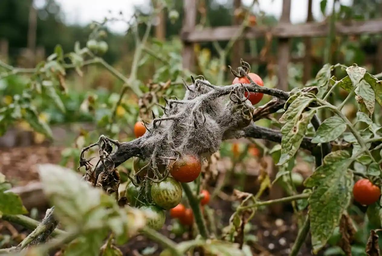 Schwarze eingesunkene Flecken am Tomatenstängel kurz über der Erdoberfläche als Zeichen von Stängelfäule